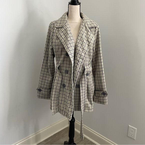 Jou Jou Plaid Double-Breasted Pea Coat XL Green Gray Fall Preppy Wool Jacket - Picture 1 of 12